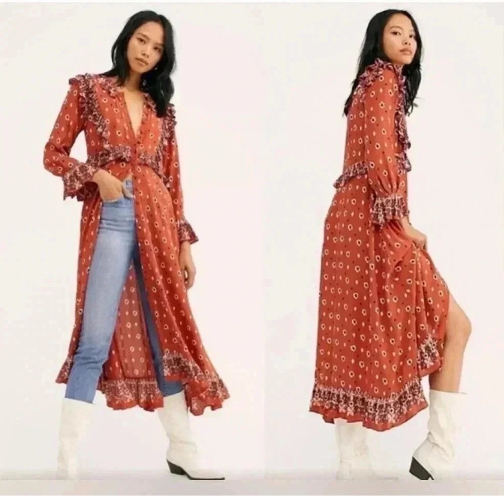 Free People Rust Boho Printed Ruffle Longline Duster - Picture 5 of 16